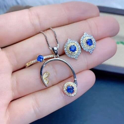 100% Natural and Real Sapphire jewelry set Natural Real Sapphire 925 sterling silver 1pc pendant,1pc ring,2pcs Earring