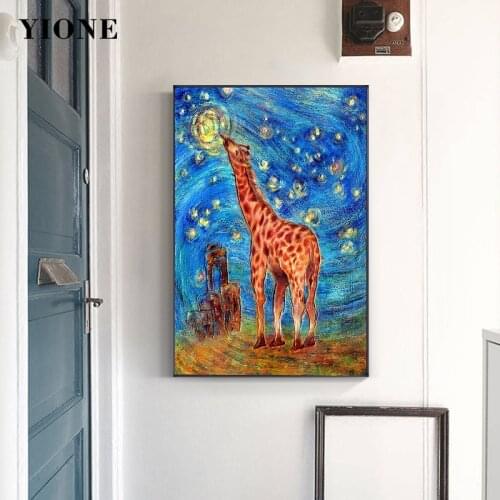 Abstract Blue Starry Sky Giraffe Canvas Oil Painting Custom Art Animal Wall Picture Poster Prints for Living Room Bedroom Decor