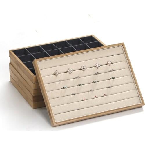 New Bamboo Velvet Jewelry Display Tray Ring Earring Necklace Bracelet Pendant Display Organizer Jewelry Storage Box