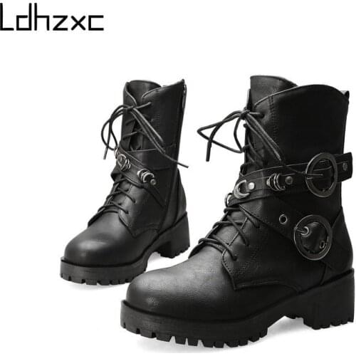 LDHZXC Autumn Winter Boots Buckle Strap Motorcycle Bota Shiny Leather Patchwork Hot New Arrival Boots Platform Botas Mujer