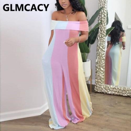 Women Slash Neck Off Shoulder Loose Jumpsuits Striped Wide Leg Pants Overalls Chic Streetwear Jumpsuit