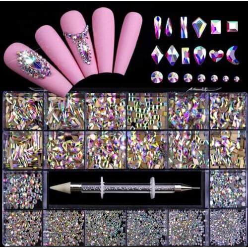 Crystal AB 3D Flatback Glass Nail Diamonds Art Wax Pen Rhinestones Fancy Shaped Crystals Stones Kit DIY Nails Art Decorations