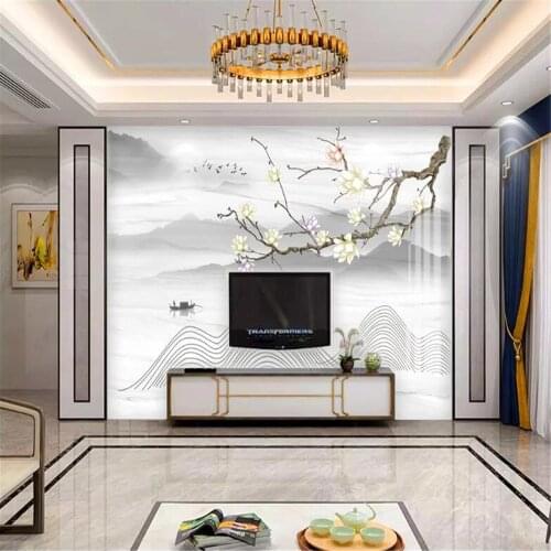 Milofi new Chinese style stone ink landscape Magnolia bedroom living room wallpaper mural background wall
