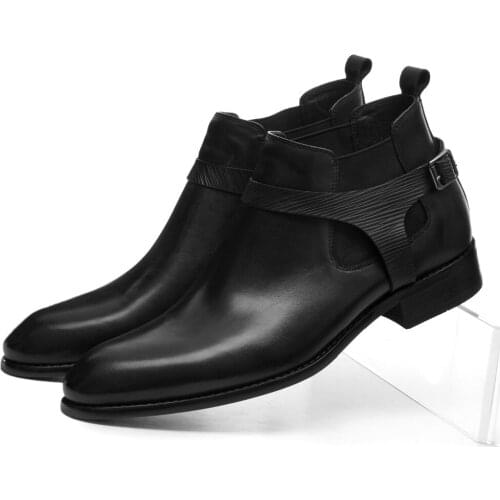 Fashion Black Mens Ankle Boots Genuine Leather Dress Boots Autumn Mens Motorcycle Boots With Buckle