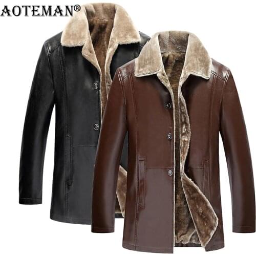 Men Winter Coats PU Leather Jackets Fleece Warm Outwears Mens Clothing Brand Thick Jacket Solid Fur Collar Vintage Coat LM033