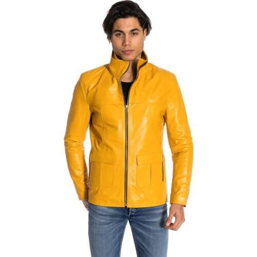 Genuine Soft Leather Handmade Yellow Man Jacket Biker Style High Quality Lambskin Metal Zipper Winter Gift For Valentines Day