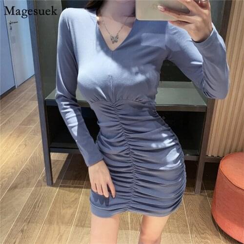 New Fashion V-Neck Sexy Autumn Dress Party Pleated Bodycon Dress Women Long Sleeve Lift Hips Women Mini Dresses Vestidos 11900