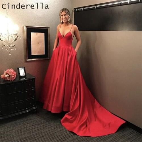Cinderella Red V-Neck Spaghetti Straps Flooor Length Court Train Zipper Back Satin Evening Dresses vestidos de fiesta de noche