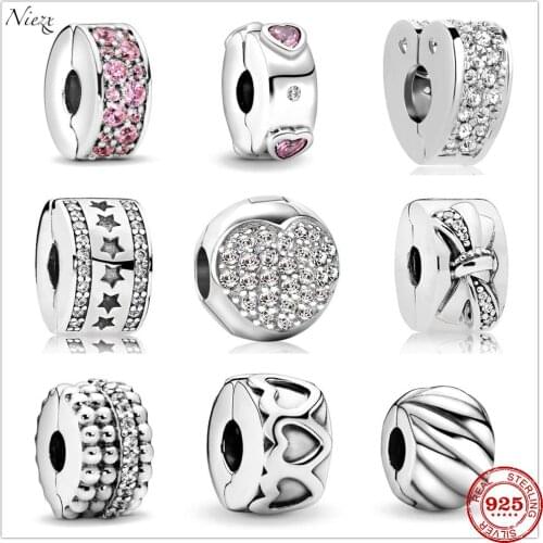 Authentic Original 925 Sterling Silver Charm Bead Clear Pavé Spacer Clip Charms silver Fit pandora Bracelets Women DIY Jewelry