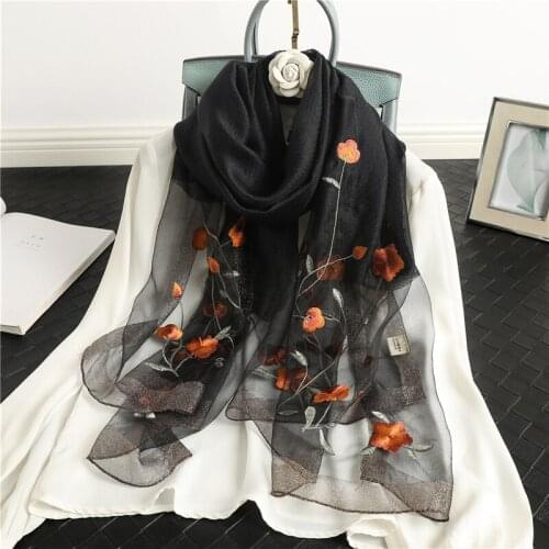 Luxury Brand Women Silk Scarves Lady Embroidery Wool Autumn Shawl Wrap Hijab Foulard Female Muslim Bandana Pashmina Headband