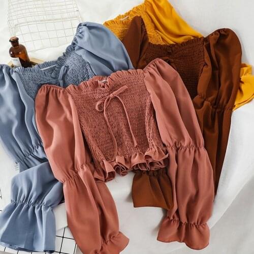 Elegant Women Autumn Flare Sleeve Slash neck Ruffle Basic Bow Shirt Casual Short Elastic Slim Bandage Strap Pullover Blouse Tops