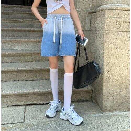 Streetwear Jeans Shorts Women 2021 Summer Casual Wide Leg Drawstring Elastic Waist Gradient Blue Black Denim Shorts B387