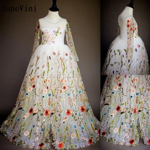 JaneVini Vintage Girl Dress Long Sleeve Lace Embroidery Tulle flower Girl Dresses for Weddings 2018 Kids Child Prom Evening Gown