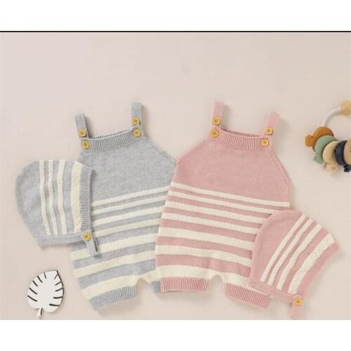 Knitted Baby Clothes Newborn Boys Girls Romper Overalls Striped Cotton Sleeveless Infant Baby Romper Jumpsuit Playsuit With Hat