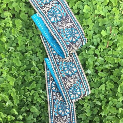 ZERZEEMOOY 2" 5cm 10yard/lot High Quality Woven Jacquard Ribbon Black Background Blue Flowers Pattern Straps And Belt Lace