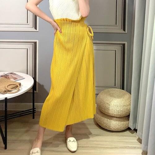 Miyake Pleated Yellow Skirt Summer Fall 2021 Women Aesthetic Korean Clothing High Waist Plus Size irregular Straight Long Skirt