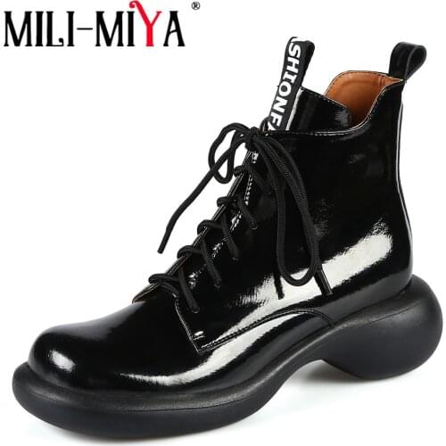 MILI-MIYA Autumn Casual Motorcycle Ankle Boots Woman Black Patent Leather Platform Thick Bottom Lace Up Zip Round Toe Dress Shoe
