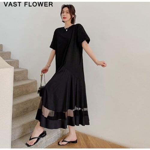 2021 Summer Dress Korean New Black Mesh Patchwork Pleated Short Sleeve Loose Casual Elegant Women Long Dress Fashion Clothes