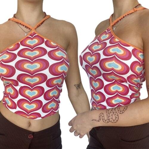 Women Love Heart Print Vest, Slim Fit Sleeveless Lace-up Cropped Tops For Summer 2021 New Fashion