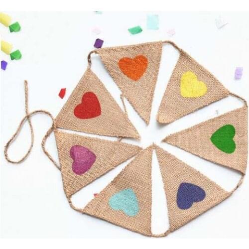 1set=7 Flags Colorful Heart Jute Burlap Fabric Bunting Banner flag Rustic Wedding Centerpieces vintage decoration