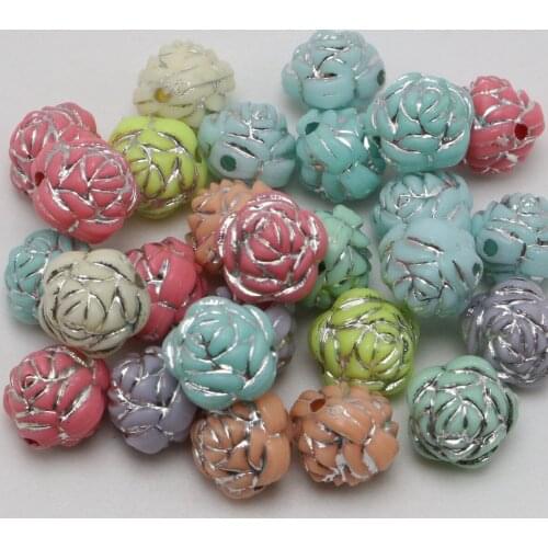 100 Mixed Color Acrylic Sparkling Silver Engraving Flower Beads 12mm Kids Crafts