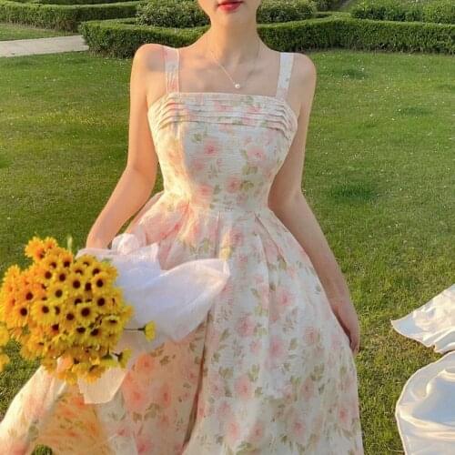 2021 Strap Elegant Floral Dresses For Women Sexy Evening Party Vintage Dresses Ladies Old French Style Print Summer Beach Dress