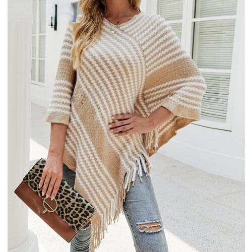 2021 Autumn Winter Women Sweaters Poncho Knitting Capes Cloak Sweater V-Neck Irregular Hem Tassels Coat Striped Knitted Pullover