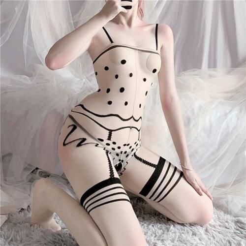 Beige Sexy Underwear Womens Sexy Pajamas Transparent Temptation Crotchless Bodystockings Ladies Suspenders Lingerie Bodysuits