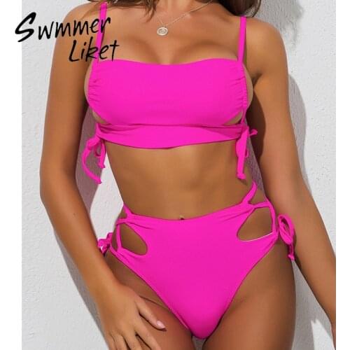 High waist bikinis 2020 mujer Hollow out swimsuit female Bandage swimwear women Lace up bathing suit Brazilian biquini swim suit