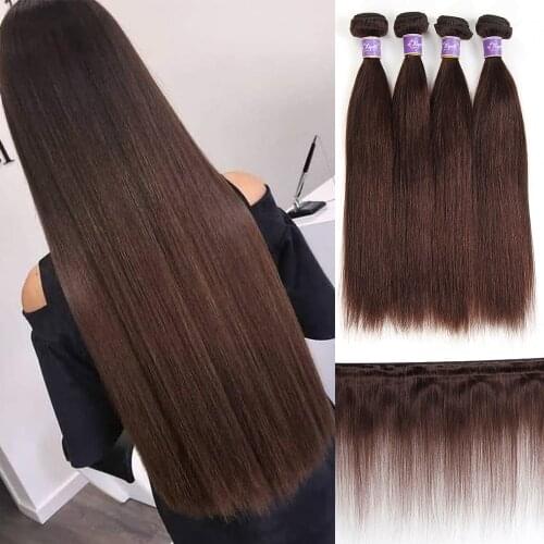 Brazilian Straight Hair Bundles 3pcs Remy Hair Weave Bundles 100% Human Hair Extensions Natural Brown #4 #2 Colored Weft