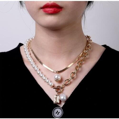FNIO Fashion Pearls Geometric Pendants Necklaces For Women Gold Metal Snake Chain Necklace New Design Jewelry Gift