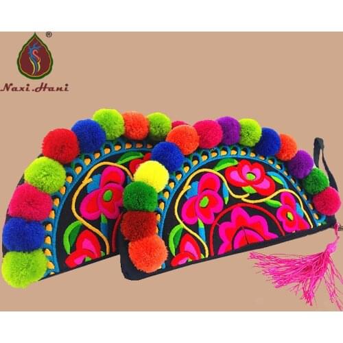 Newest Ethnic Embroidery bags Vintage Handmade Pompom Clutches Bags Phone/Coin Small Bags