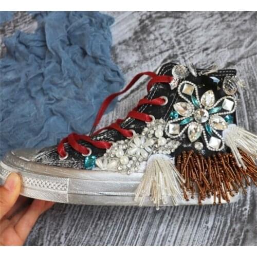 European station autumn retro old dirty shoes classic lace canvas shoes heavy ins sneakers rhinestone shoes