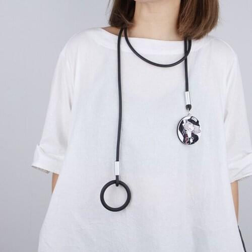Harajuku Wooden Girl Pattern Printing Pendant Necklace Current Adjustable Black Neck Chain Necklace For Womens Body Jewelry Punk