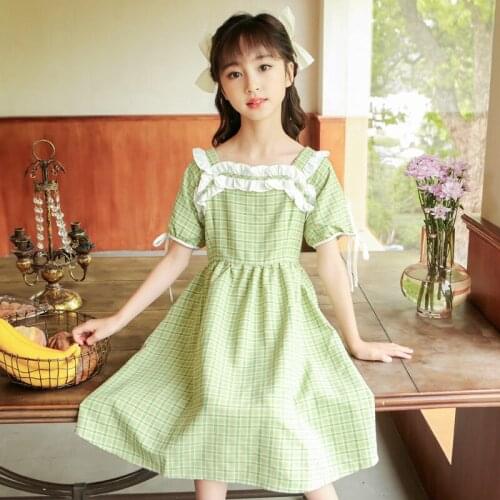 Korean Style Girls Dresses Summer Fashion Plaid Print Knee Length Dress For Kids Outdoor Casual Princess Clothing 3 - 14 Years