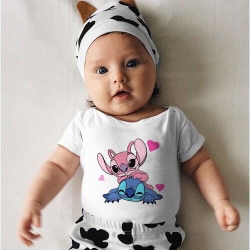 Summer Toddler Bodysuits Disney Cartoon Series Harajuku Dropship Baby Girl Boy White Kawaii Four Seasons Round Neck Stitch Print