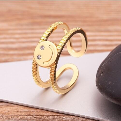 Fashion Gold Color Open Double Layer Smiling Face Adjustable Ring Minimalist Accessories Party Wedding Lucky Zircon Jewelry