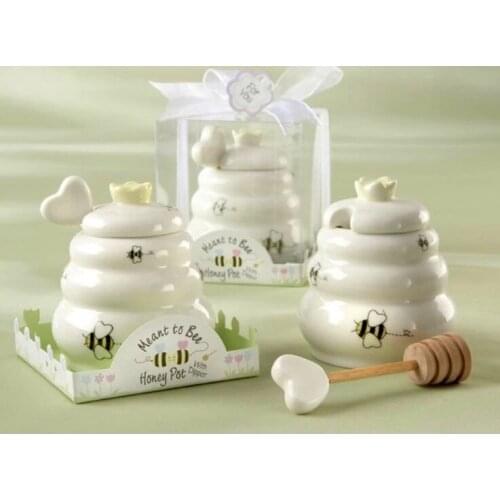 Fashion Hot Ceramic Meant to Bee Honey Jar Honey Pot Ceramic Honey Pot with Wooden Dipper Wedding Party Favors Gifts