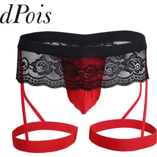 Men Lace G-string Panties Lace T-Back Enhance Pouch Erotic G-string Underpants Thong Jocks Garters