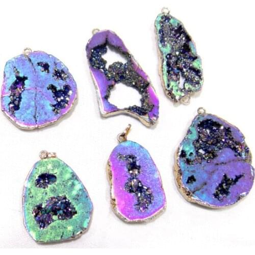 Natural Titanium Kristal Druzy Quartz Quartz Geode stone Onregelmatige vorm hanger crystal voor diy sieraden maken ketting 6 pc