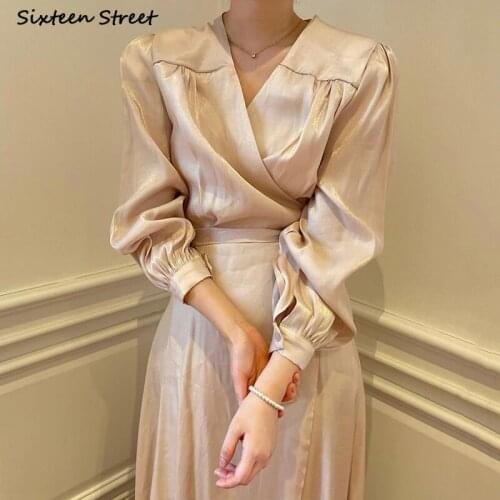 Khaki Gloss Dress Woman Autumn 2021 V-neck Long Sleeve Maxi Dresses Vestido Elegant Korean Loose Business Chic Dress Clothing