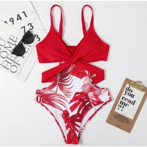 Sexy Push Up One Piece Swimsuit High Waist Bathing Suit Women Swimwear Leaf Print Bodysuit Bandage Cut Out Monokini Swim Suit