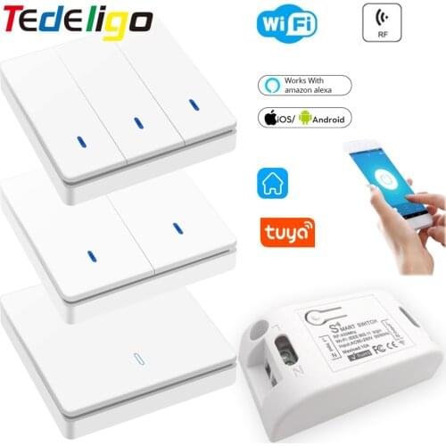 WiFi Smart Light Switch RF 433MHz AC 110V 220V 10A Receiver 1/2/3 Gang Push Switch Work with Tuya Smart Life Google Home Alexa