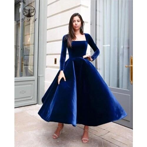 2021 Elegant Royal Blue Square Long Sleeve Ball Gown Tea Length Velvet Prom Dresses