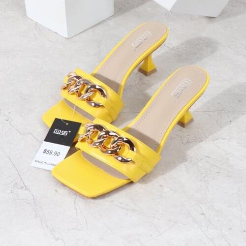 Summer Womens Slippers Women Sandals 6cm Heels Shoes Female Golden Metal Chain Ladies Slipper Fashion Casual Slides Mules