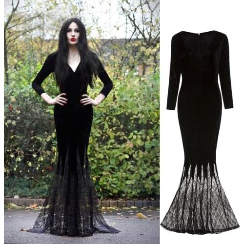 Adult Women Gothic Halloween Morticia Addams Ghost Witch Costume Horror Black Floor Lace Dress Gown Robe Dress Purim Carnival