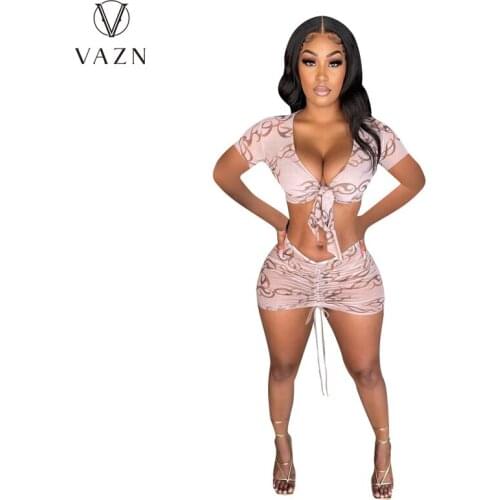 VAZN 2021 summer women new street girl style sets short sleeve deep v short top elastic short skirt printed two piece sets