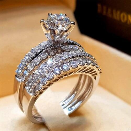 Cute Female Crystal White Zircon Stone Ring Set Luxury Silver Color Engagement Ring Vintage Bridal Wedding Rings For Women