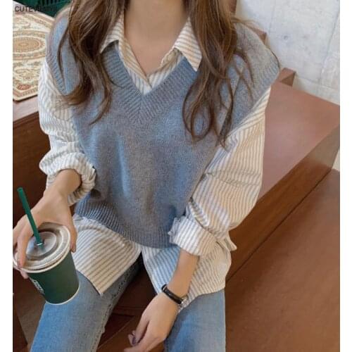 NEW Overszie Women Sweater 2 Piece Sets Womens vest Knitted Suits knitting sweaters Long Sleeve stripe Boyfriend Shirt 8223