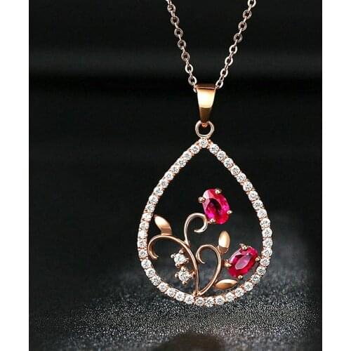 Vintage Flower Carving Red Crystal Ruby Gemstones Diamond Pendant Necklaces for Women Rose Gold Color Choker Jewelry Bijoux Gift